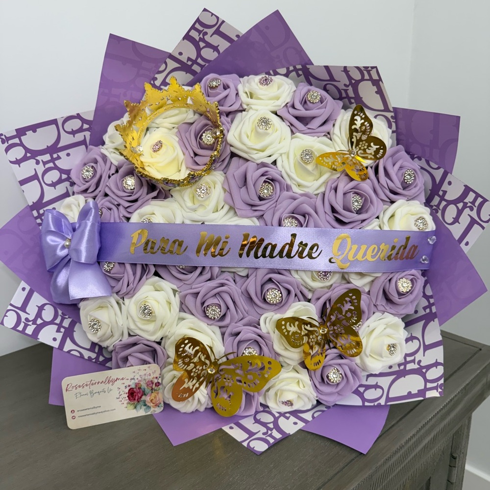 Purple and White Floral Bouquet with Gold Accents